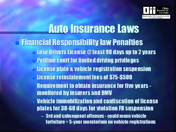 Auto Insurance Laws n Financial Responsibility law Penalties Lose Drivers License @ least 90