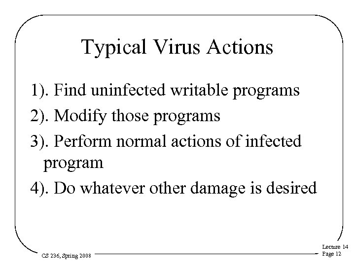 Typical Virus Actions 1). Find uninfected writable programs 2). Modify those programs 3). Perform