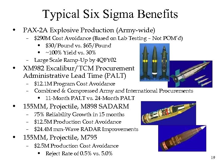 Typical Six Sigma Benefits • PAX-2 A Explosive Production (Army-wide) – $290 M Cost