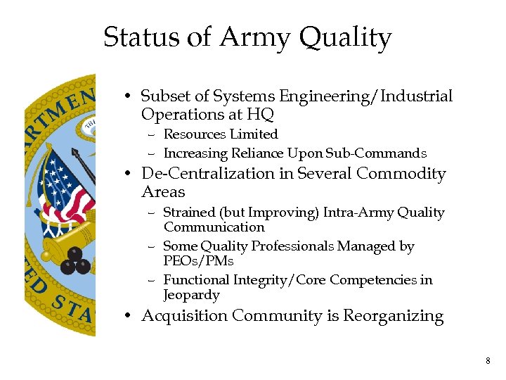 Status of Army Quality • Subset of Systems Engineering/Industrial Operations at HQ – Resources