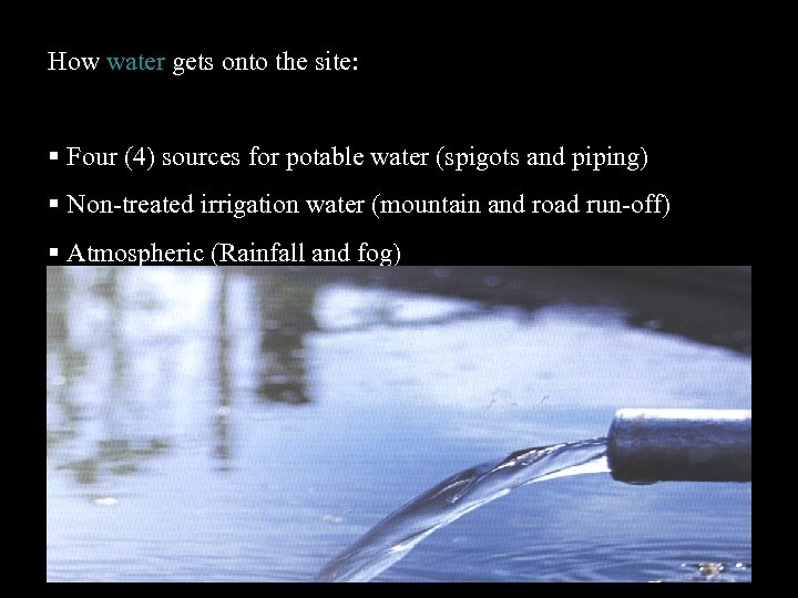 How water gets onto the site: Four (4) sources for potable water (spigots and