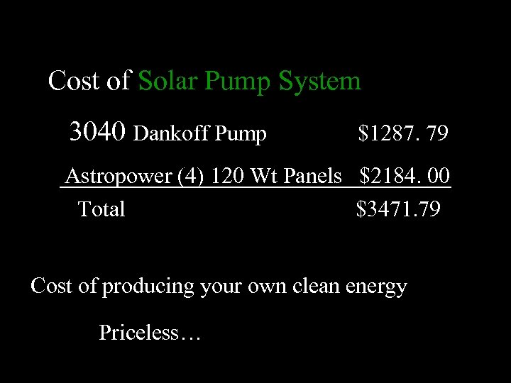 Cost of Solar Pump System 3040 Dankoff Pump $1287. 79 Astropower (4) 120 Wt