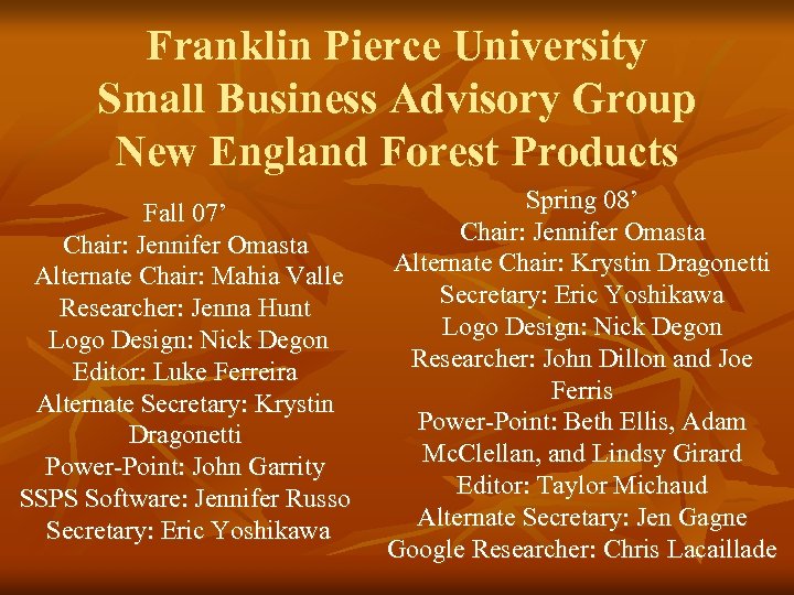 Franklin Pierce University Small Business Advisory Group New England Forest Products Fall 07’ Chair: