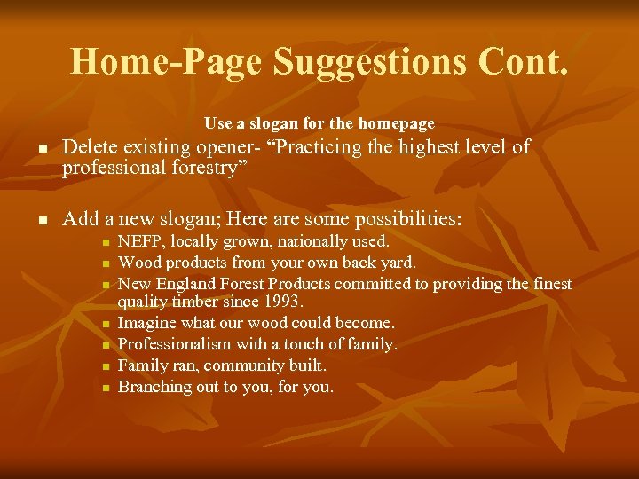 Home-Page Suggestions Cont. Use a slogan for the homepage n n Delete existing opener-