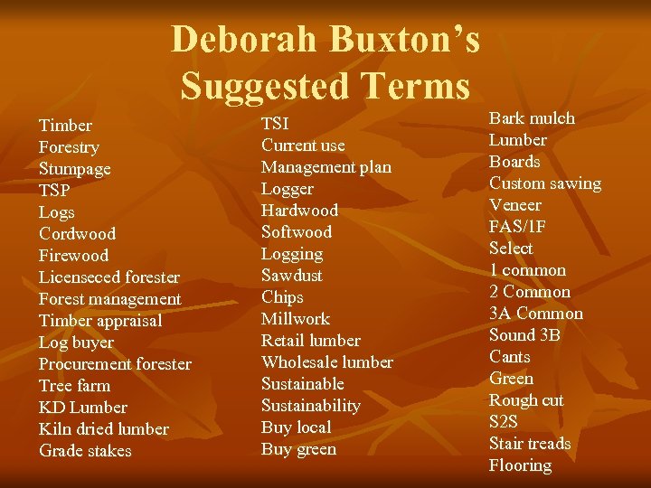 Deborah Buxton’s Suggested Terms Timber Forestry Stumpage TSP Logs Cordwood Firewood Licenseced forester Forest