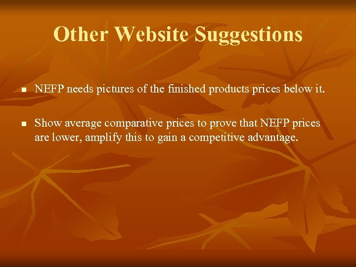 Other Website Suggestions n n NEFP needs pictures of the finished products prices below