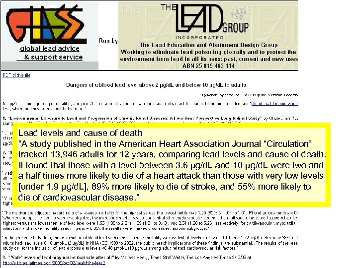 Lead levels and cause of death “A study published in the American Heart Association