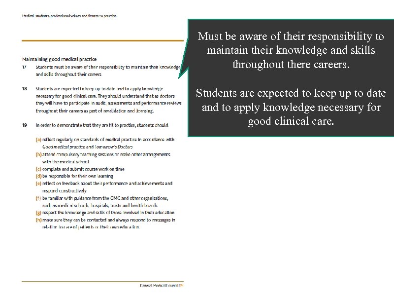 Must be aware of their responsibility to maintain their knowledge and skills throughout there