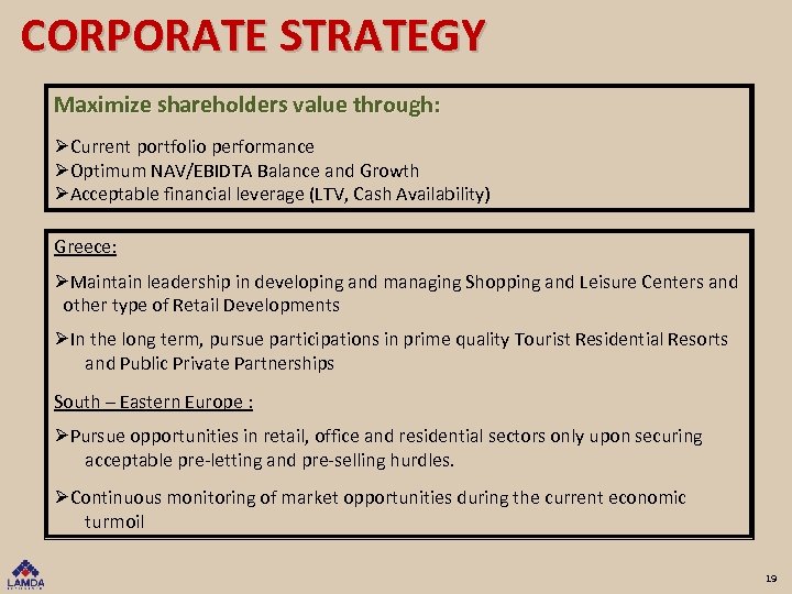 CORPORATE STRATEGY Maximize shareholders value through: Current portfolio performance Optimum NAV/EBIDTA Balance and Growth