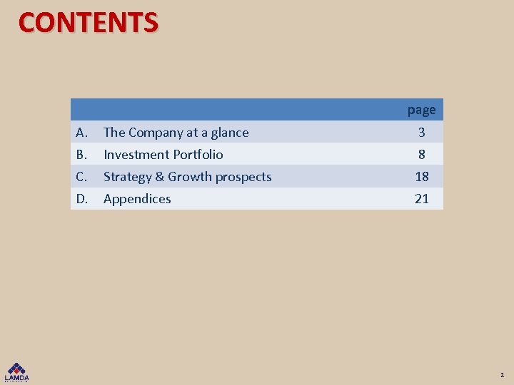 CONTENTS page A. The Company at a glance 3 B. Investment Portfolio 8 C.