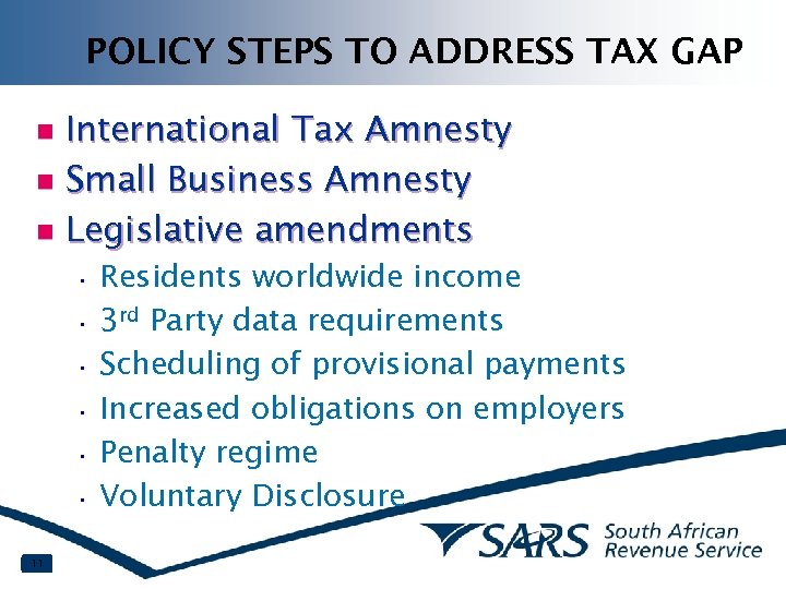 POLICY STEPS TO ADDRESS TAX GAP International Tax Amnesty n Small Business Amnesty n