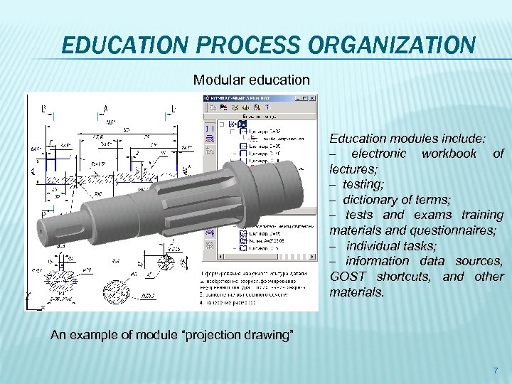 EDUCATION PROCESS ORGANIZATION Modular education Education modules include: – electronic workbook of lectures; –