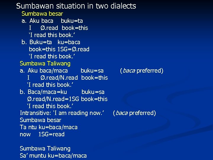 Sumbawan situation in two dialects Sumbawa besar a. Aku baca buku=ta I Ø. read