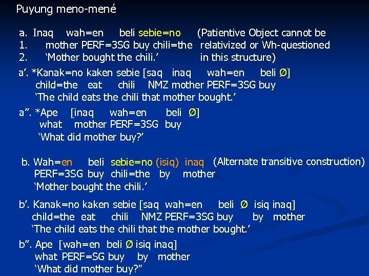 Puyung meno-mené a. Inaq wah=en beli sebie=no (Patientive Object cannot be 1. mother PERF=3