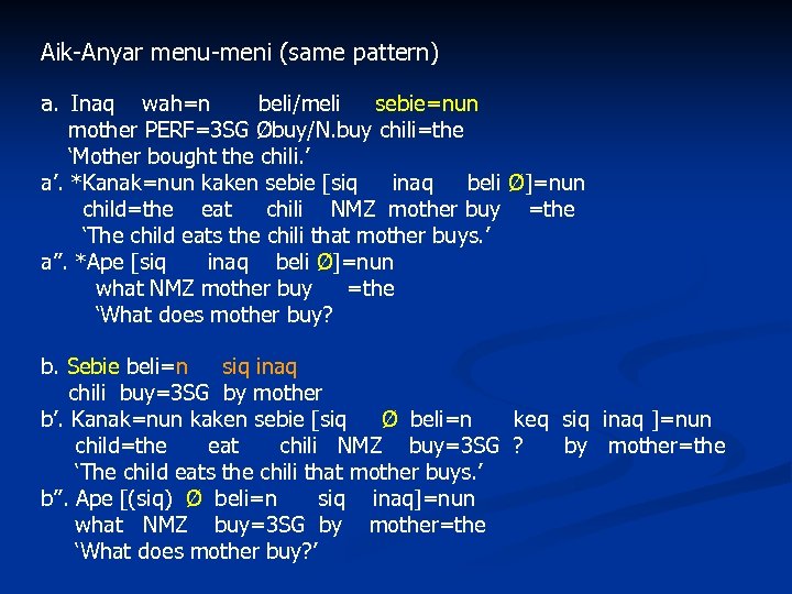 Aik-Anyar menu-meni (same pattern) a. Inaq wah=n beli/meli sebie=nun mother PERF=3 SG Øbuy/N. buy