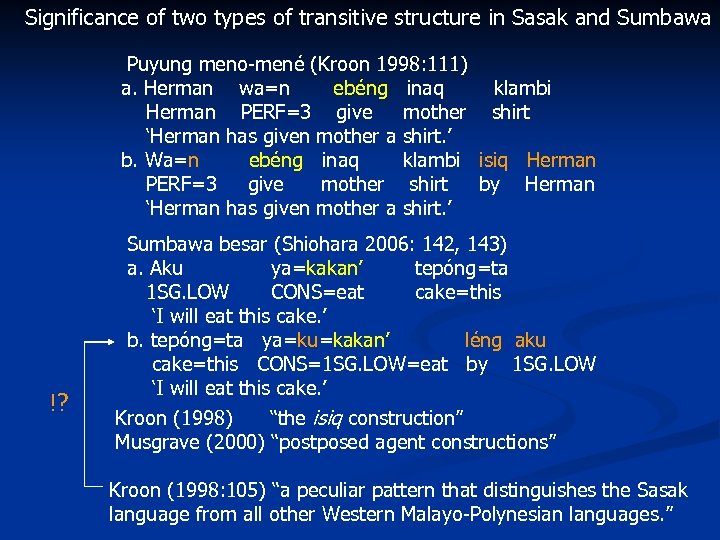 Significance of two types of transitive structure in Sasak and Sumbawa Puyung meno-mené (Kroon