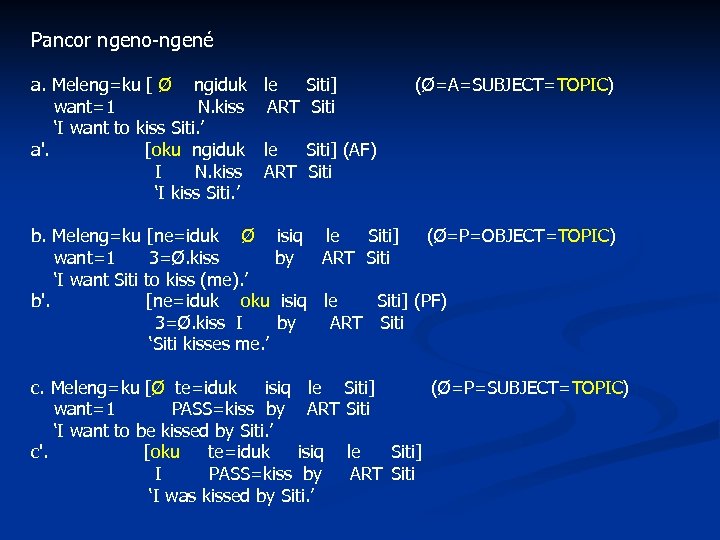 Pancor ngeno-ngené a. Meleng=ku [ Ø ngiduk le Siti] (Ø=A=SUBJECT=TOPIC) want=1 N. kiss ART