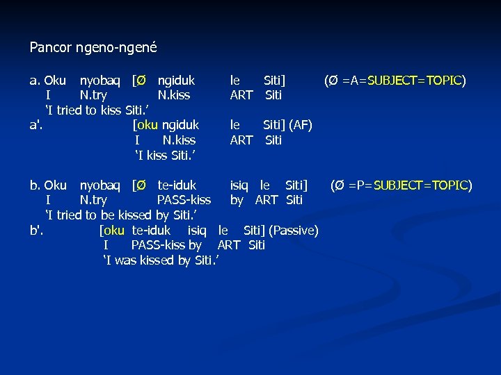 Pancor ngeno-ngené a. Oku nyobaq [Ø ngiduk I N. try N. kiss ‘I tried