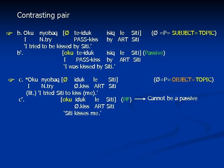 Contrasting pair b. Oku nyobaq [Ø te-iduk isiq le Siti] (Ø =P= TOPIC) SUBJECT=