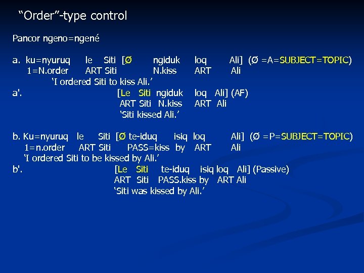 “Order”-type control Pancor ngeno=ngené a. ku=nyuruq le Siti [Ø ngiduk loq Ali] (Ø =A=SUBJECT=TOPIC)