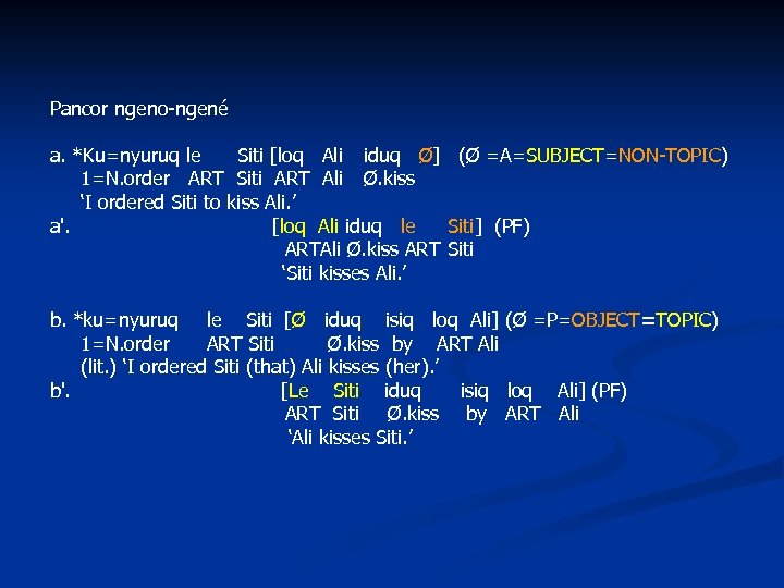 Pancor ngeno-ngené a. *Ku=nyuruq le Siti [loq Ali iduq Ø] (Ø =A=SUBJECT=NON-TOPIC) 1=N. order