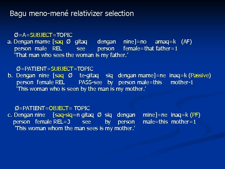 Bagu meno-mené relativizer selection Ø=A=SUBJECT=TOPIC a. Dengan mame [saq Ø gitaq dengan nine]=no amaq=k