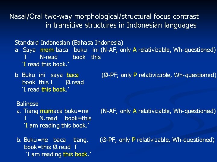 Nasal/Oral two-way morphological/structural focus contrast in transitive structures in Indonesian languages Standard Indonesian (Bahasa