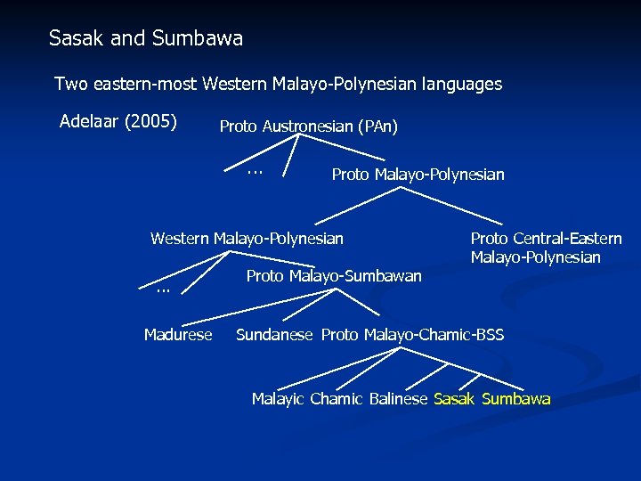 Sasak and Sumbawa Two eastern-most Western Malayo-Polynesian languages Adelaar (2005) Proto Austronesian (PAn) …