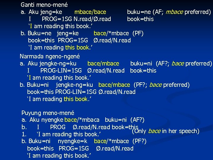 Ganti meno-mené a. Aku jeng=ke mbace/bace buku=ne (AF; mbace preferred) I PROG=1 SG N.