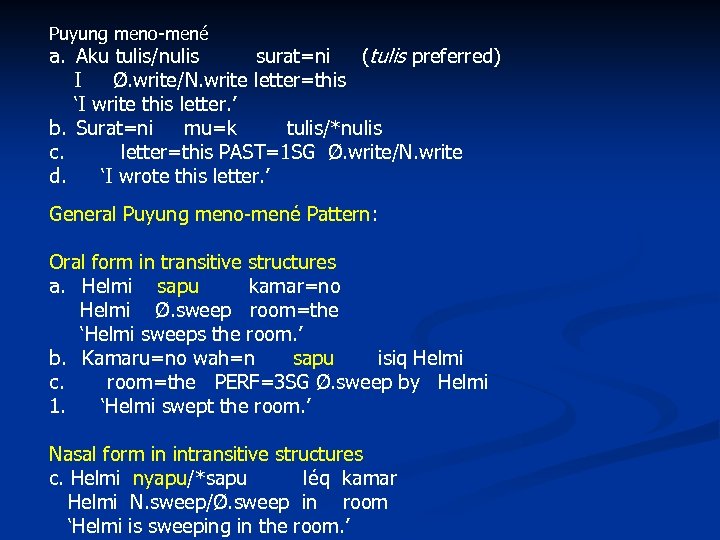 Puyung meno-mené a. Aku tulis/nulis surat=ni (tulis preferred) I Ø. write/N. write letter=this ‘I