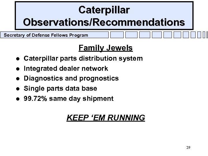 Caterpillar Observations/Recommendations Secretary of Defense Fellows Program Family Jewels l l l Caterpillar parts