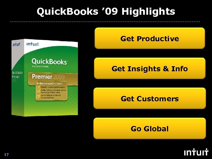 Quick. Books ’ 09 Highlights Get Productive Get Insights & Info Get Customers Go