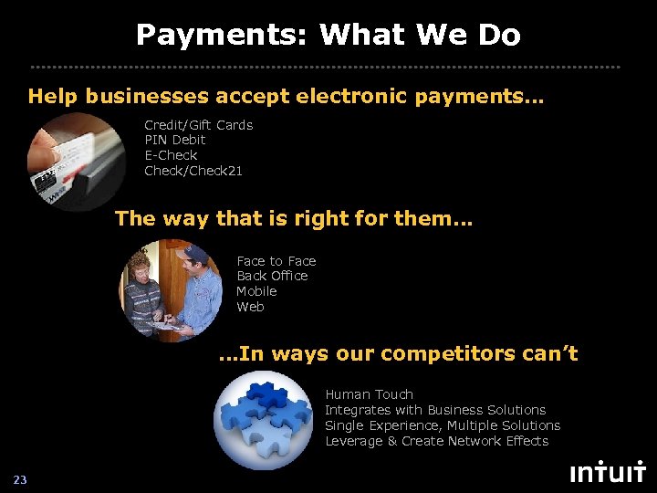 Payments: What We Do Help businesses accept electronic payments… Credit/Gift Cards PIN Debit E-Check/Check