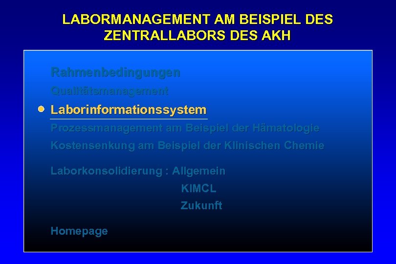 LABORMANAGEMENT AM BEISPIEL DES ZENTRALLABORS DES AKH Rahmenbedingungen Qualitätsmanagement Laborinformationssystem Prozessmanagement am Beispiel der