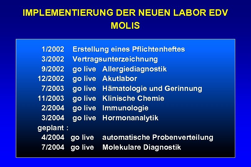 IMPLEMENTIERUNG DER NEUEN LABOR EDV MOLIS 1/2002 Erstellung eines Pflichtenheftes 3/2002 Vertragsunterzeichnung 9/2002 go