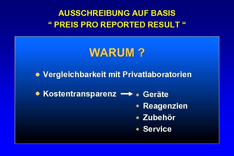AUSSCHREIBUNG AUF BASIS “ PREIS PRO REPORTED RESULT “ WARUM ? Vergleichbarkeit mit Privatlaboratorien