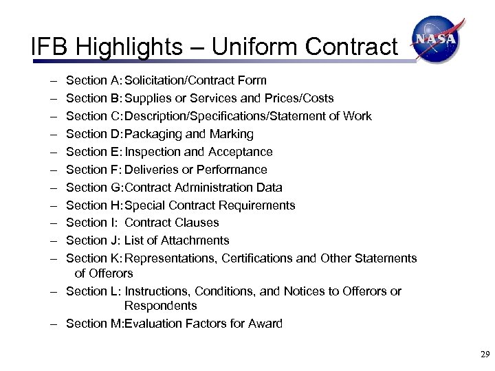 IFB Highlights – Uniform Contract – – – Section A: Solicitation/Contract Form Section B: