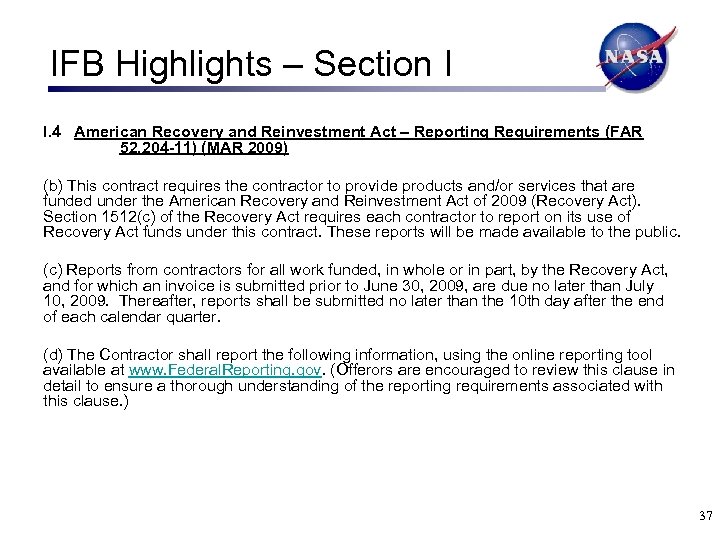 IFB Highlights – Section I I. 4 American Recovery and Reinvestment Act – Reporting