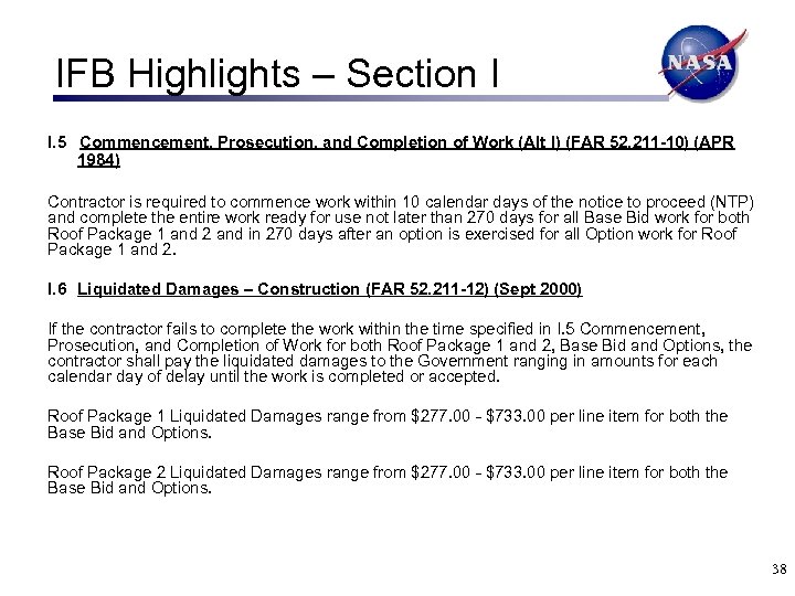 IFB Highlights – Section I I. 5 Commencement, Prosecution, and Completion of Work (Alt