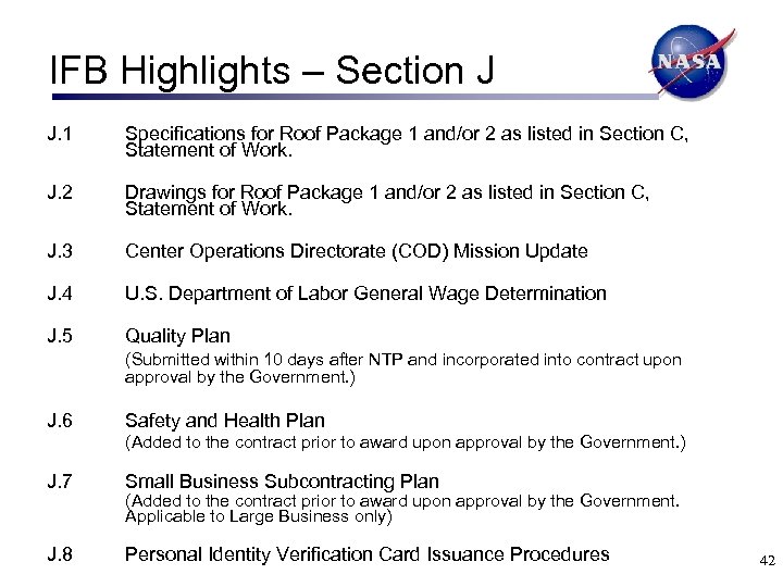 IFB Highlights – Section J J. 1 Specifications for Roof Package 1 and/or 2
