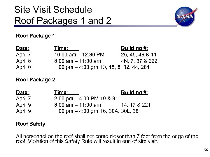 Site Visit Schedule Roof Packages 1 and 2 Roof Package 1 Date: April 7