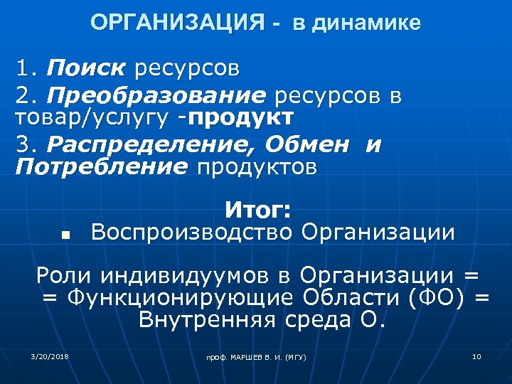 ОРГАНИЗАЦИЯ - в динамике 1. Поиск ресурсов 2. Преобразование ресурсов в товар/услугу -продукт 3.