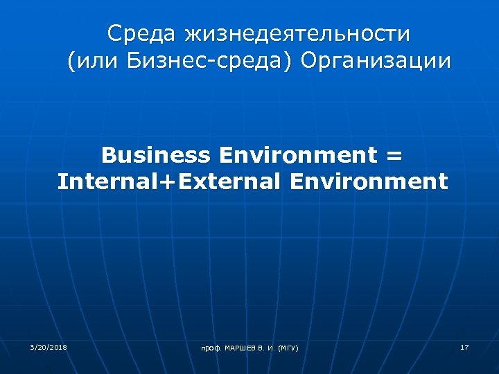 Среда жизнедеятельности (или Бизнес-среда) Организации Business Environment = Internal+External Environment 3/20/2018 проф. МАРШЕВ В.