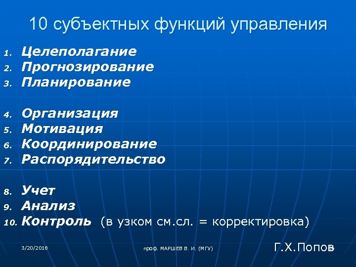 10 субъектных функций управления 1. 2. 3. 4. 5. 6. 7. Целеполагание Прогнозирование Планирование