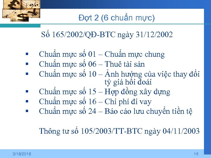 Đợt 2 (6 chuẩn mực) Số 165/2002/QĐ-BTC ngày 31/12/2002 § § § Chuẩn mực