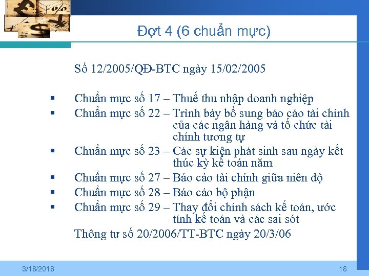 Đợt 4 (6 chuẩn mực) Số 12/2005/QĐ-BTC ngày 15/02/2005 § § § 3/18/2018 Chuẩn