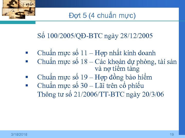 Đợt 5 (4 chuẩn mực) Số 100/2005/QĐ-BTC ngày 28/12/2005 § § 3/18/2018 Chuẩn mực