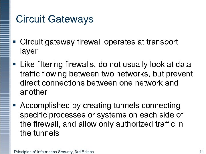 Circuit Gateways § Circuit gateway firewall operates at transport layer § Like filtering firewalls,