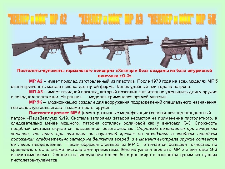 Пистолеты-пулеметы германского концерна «Хеклер и Кох» созданы на базе штурмовой винтовки «G-3» . МР