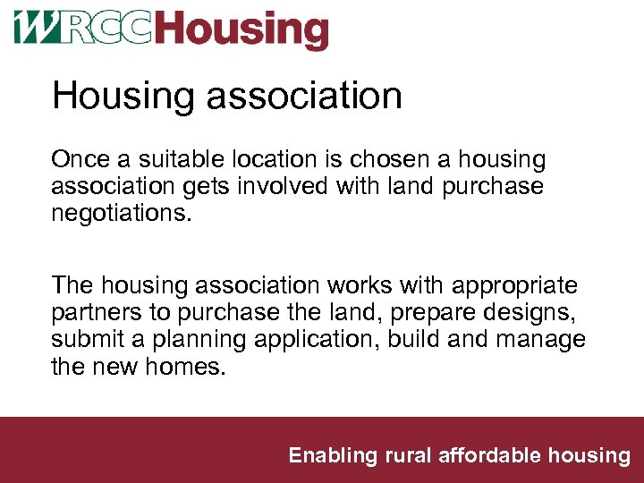 Housing association Once a suitable location is chosen a housing association gets involved with